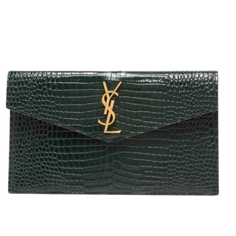 YSL Uptown Croc Green Gold Clutch